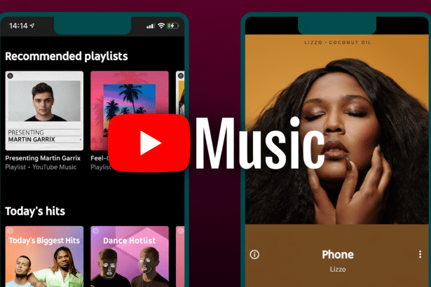 Two mobile phones displaying YouTube Music interface. The left screen shows recommended playlists and todays hits, while the right screen displays Liz