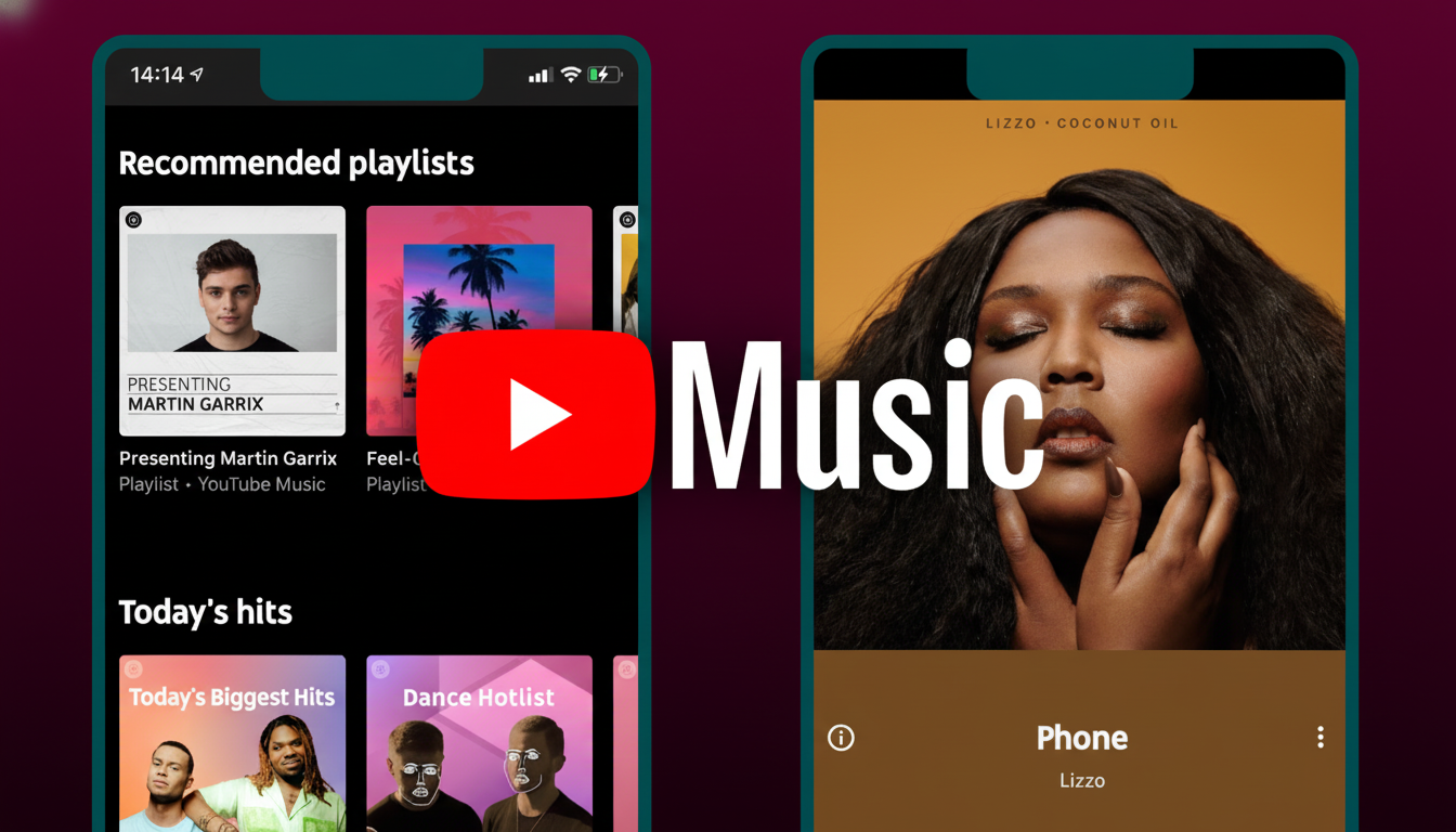Two mobile phones displaying YouTube Music interface. The left screen shows recommended playlists and todays hits, while the right screen displays Liz