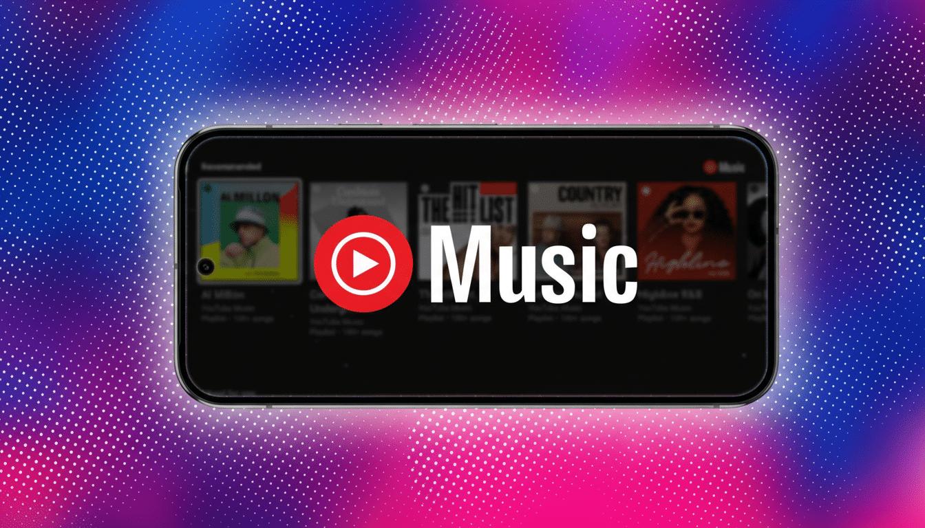 A smartphone displaying the YouTube Music app interface, with the YouTube Music logo and text prominently featured. The background is a gradient of bl