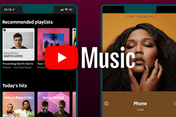 Two mobile screens displaying YouTube Music interface, one showing recommended playlists and the other an album cover of Liz zo. A large YouTube play