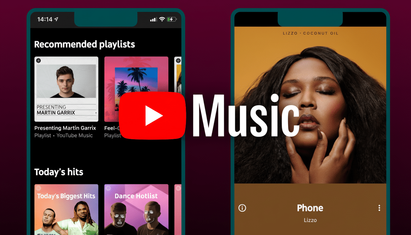 Two mobile screens displaying YouTube Music interface, one showing recommended playlists and the other an album cover of Liz zo. A large YouTube play