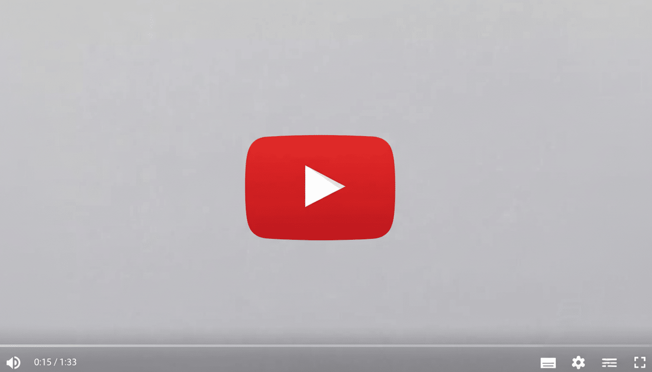 A screenshot of a YouTube video player showing the red play button logo centered on a light gray background, with playback controls visible at the bottom.