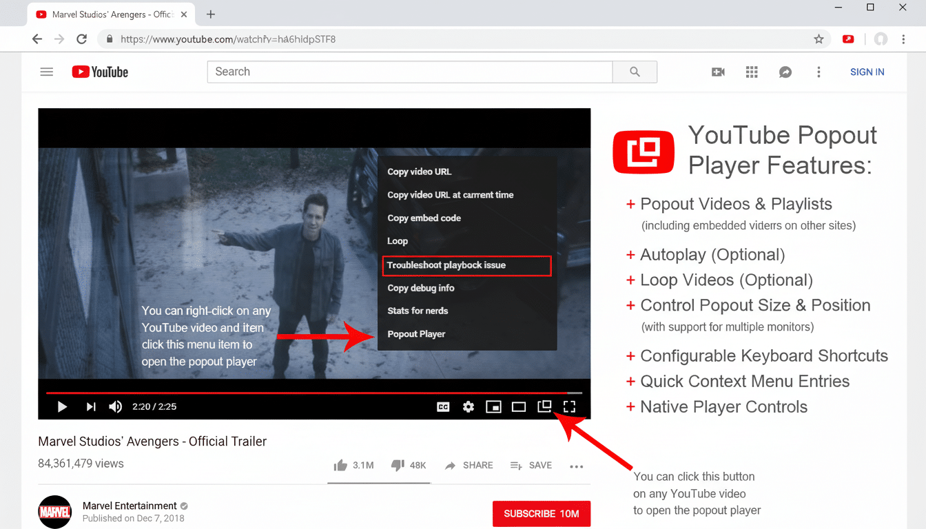 Screenshot of a YouTube page with a video playing and a context menu open, highlighting the Popout Player option and features of a YouTube Popout Player.