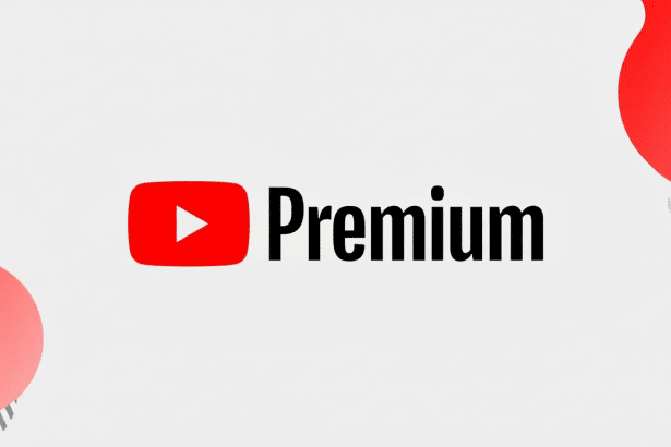 YouTube Premium logo in black text with a red play button icon, centered on a light gray background with red abstract shapes in the corners .