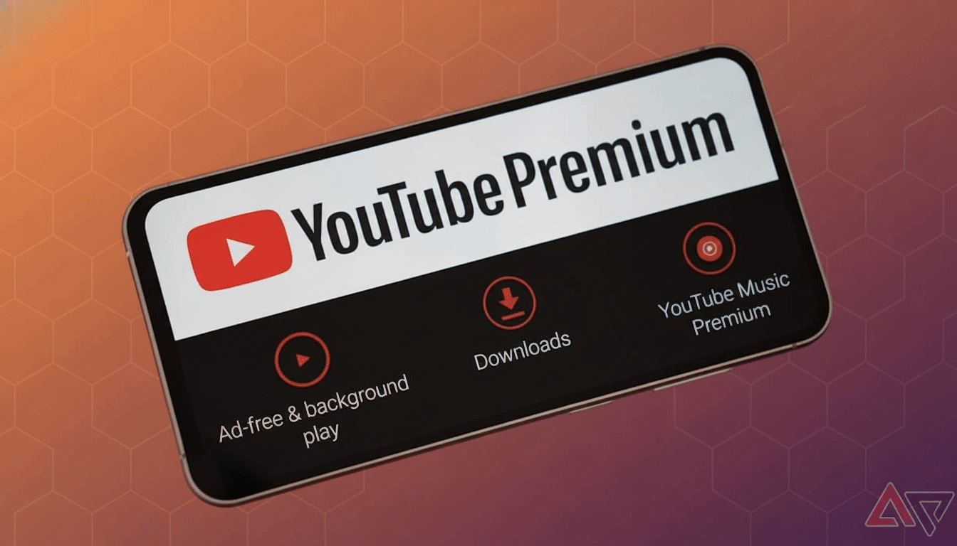 A smartphone displaying the YouTube Premium interface with its features Ad -free & background play, Downloads, and YouTube Music Premium . The phone is set against a professionally enhanced background with a subtle gradient and geometric patterns, maintaining a clean and modern aesthetic .