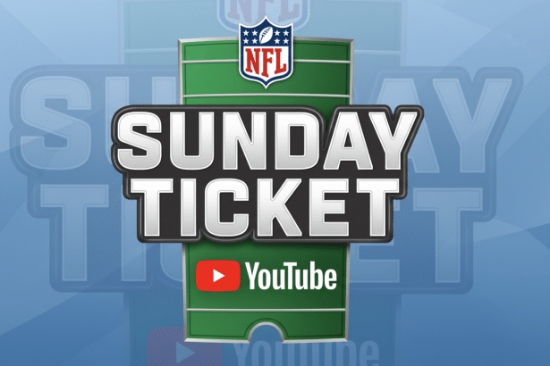 alt text: NFL Sunday Ticket logo with YouTube branding on a ticket - shaped design, set against a