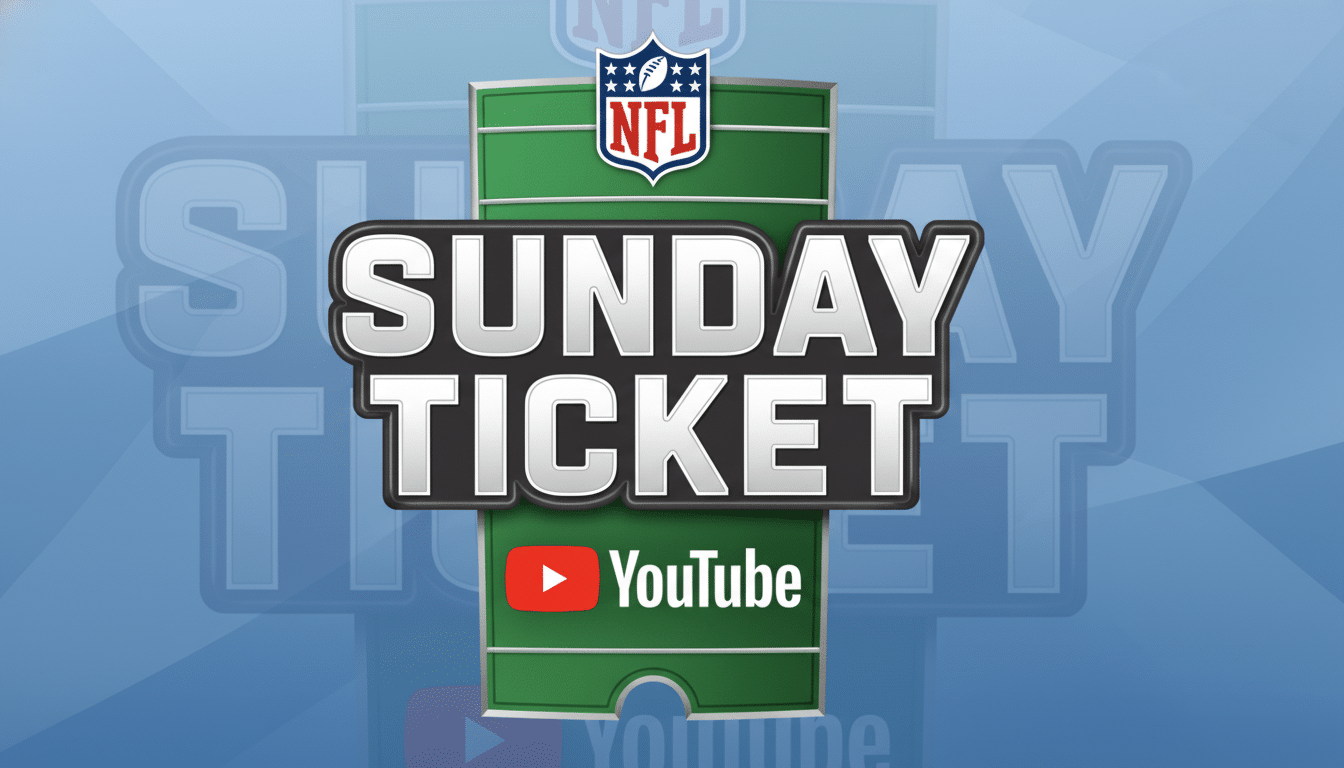 alt text: NFL Sunday Ticket logo with YouTube branding on a ticket - shaped design, set against a