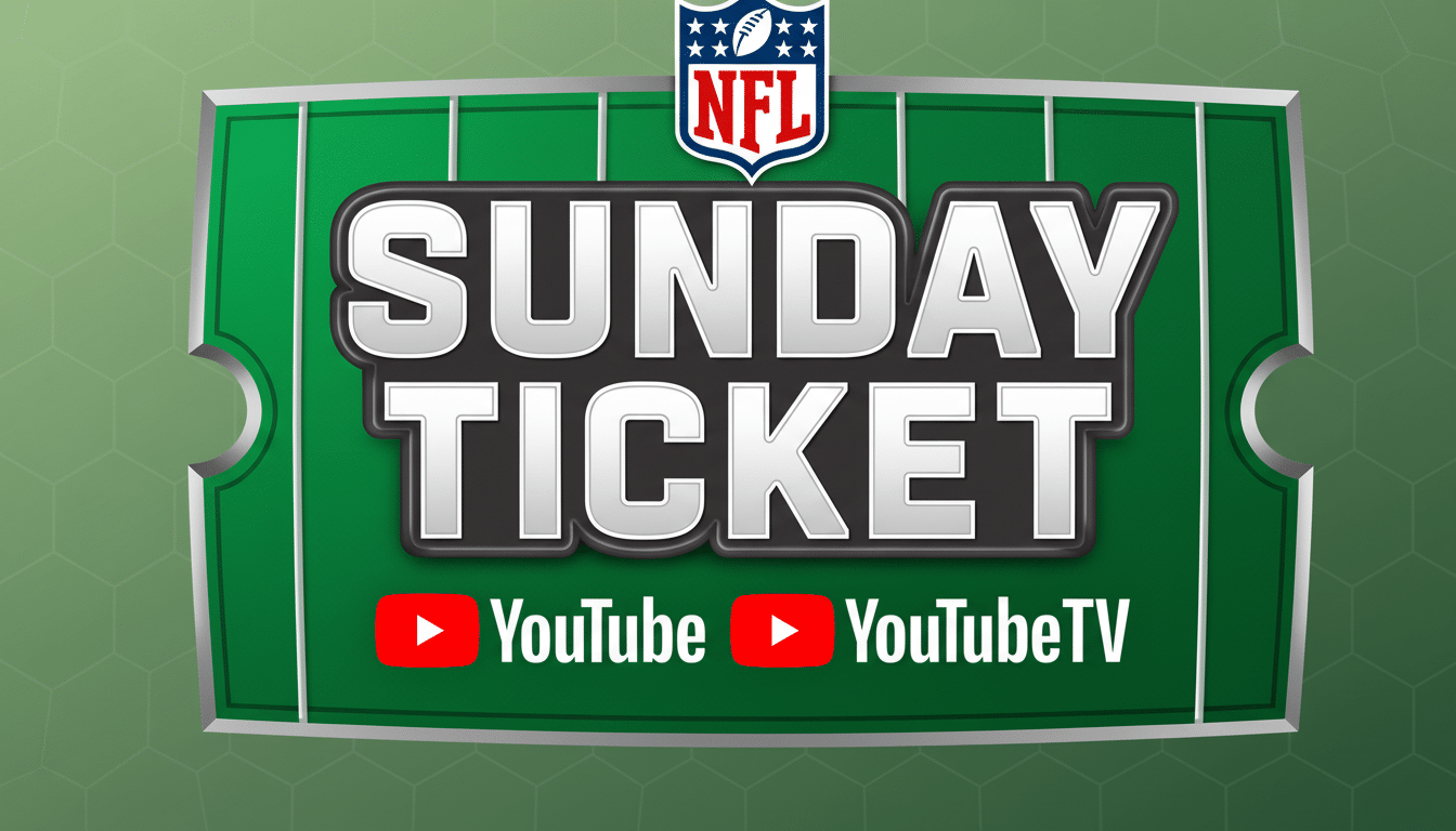 The NFL Sunday Ticket logo with YouTube and YouTube TV logos, presented on a football field graphic with a subtle geometric green background.