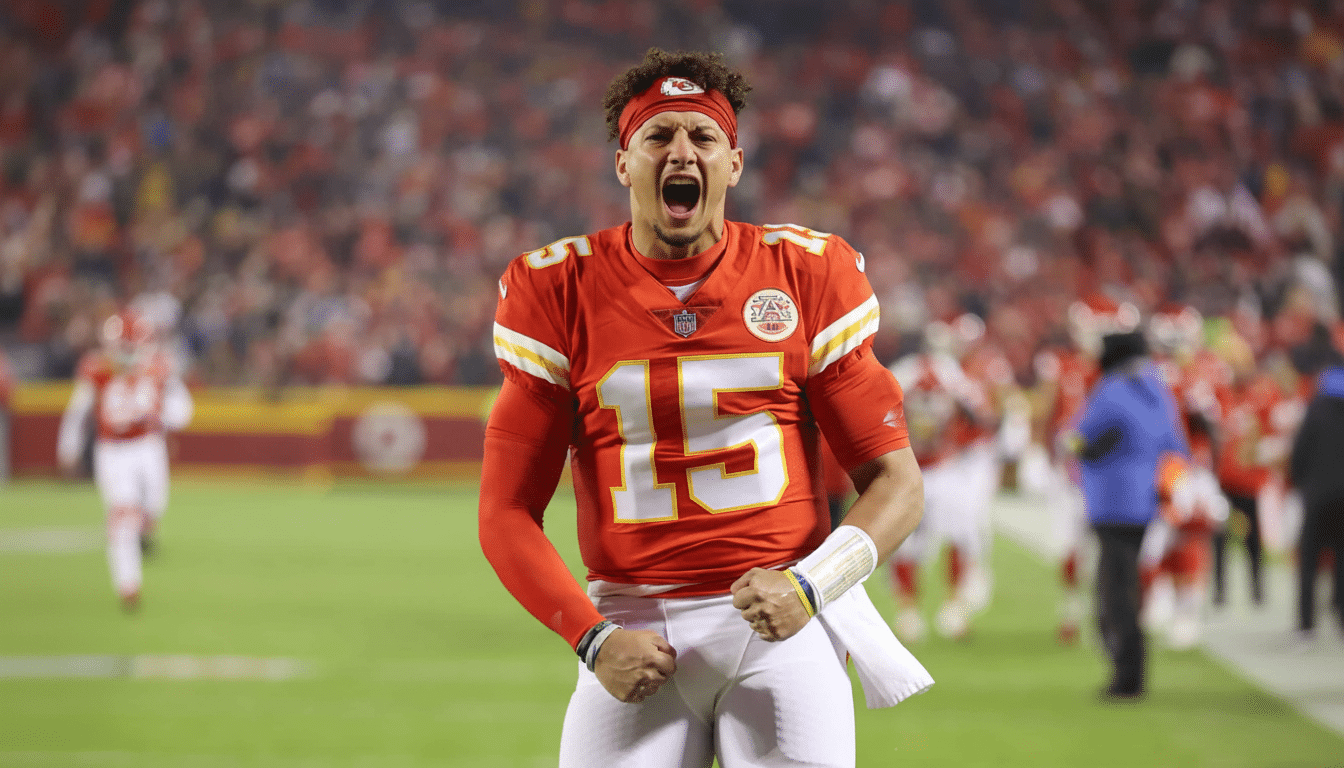 Patrick Mahomes in a Kansas City Chiefs uniform, celebrating on the field with a passionate expression.