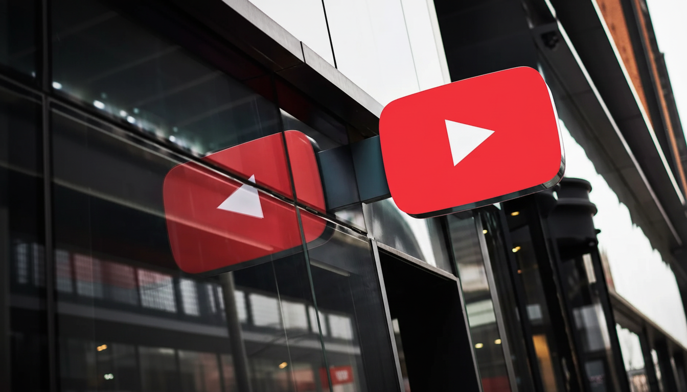 A YouTube logo sign mounted on the exterior of a modern building, with its reflection visible in the glass facade.