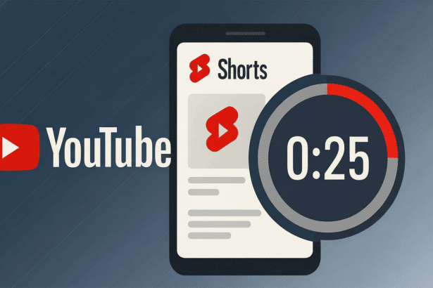 A professional, enhanced image depicting the YouTube logo next to a smartphone displaying YouTube Shorts content , with a timer showing 0:25 counting down. Filename : youtubeshorts apptimer .png