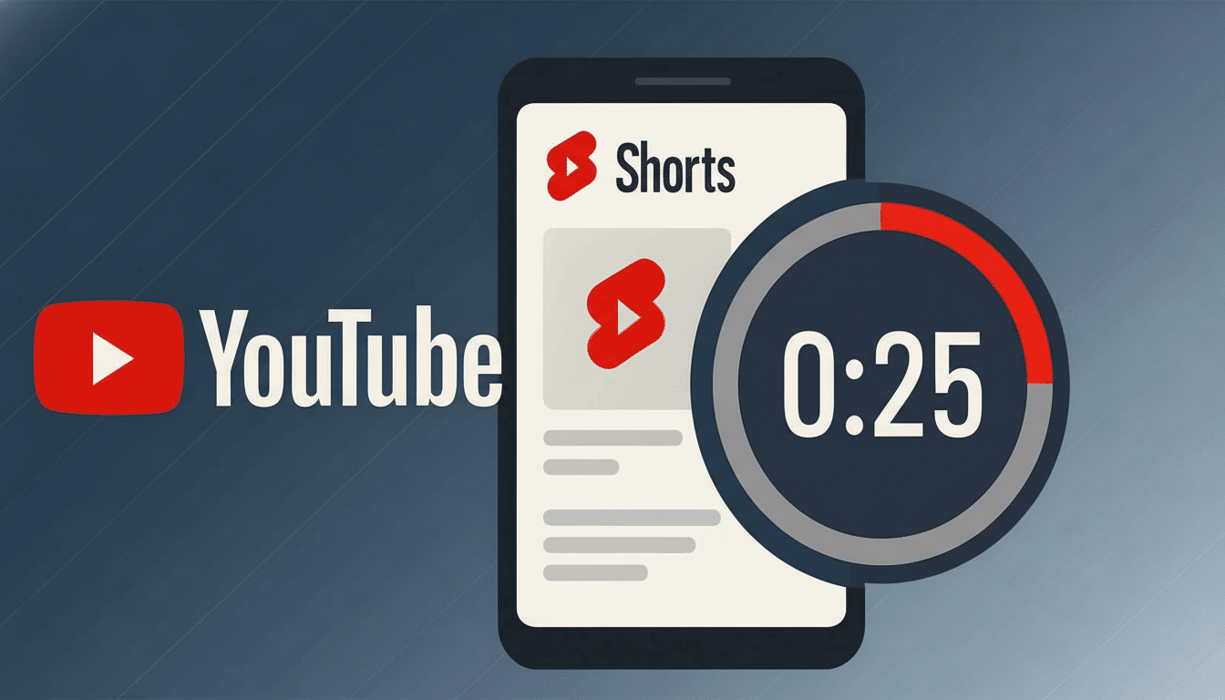 A professional, enhanced image depicting the YouTube logo next to a smartphone displaying YouTube Shorts content , with a timer showing 0:25 counting down. Filename : youtubeshorts apptimer .png