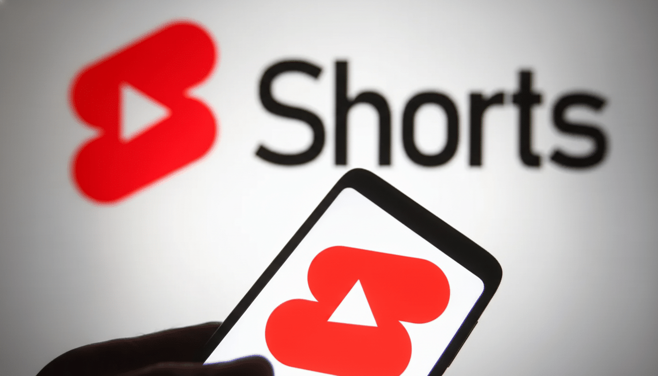 A hand holding a smartphone displaying the YouTube Shorts logo, with the blurred YouTube Shorts logo and text in the background.