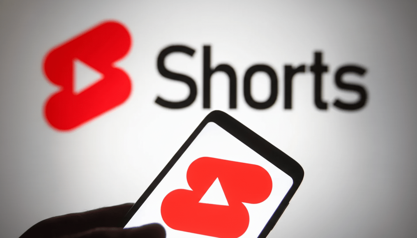 A hand holding a smartphone displaying the YouTube Shorts logo , with the blurred YouTube Shorts logo and text in the background .