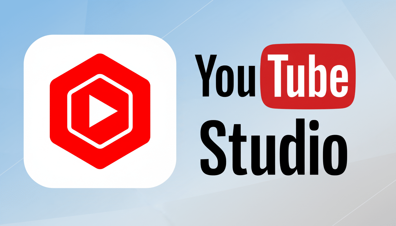 A professional depiction of the YouTube Studio logo and text, featuring the red hexagonal icon with a white play button on the left, and the text You Tube Studio with the YouTube logo on a red rectangle on a blue-grey gradient background. Filename : youtubestudio logoprofessional .png