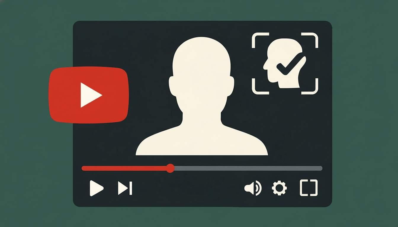 An image showing a YouTube video player interface with a placeholder user icon , a YouTube logo, and a facial recognition icon with a checkmark.