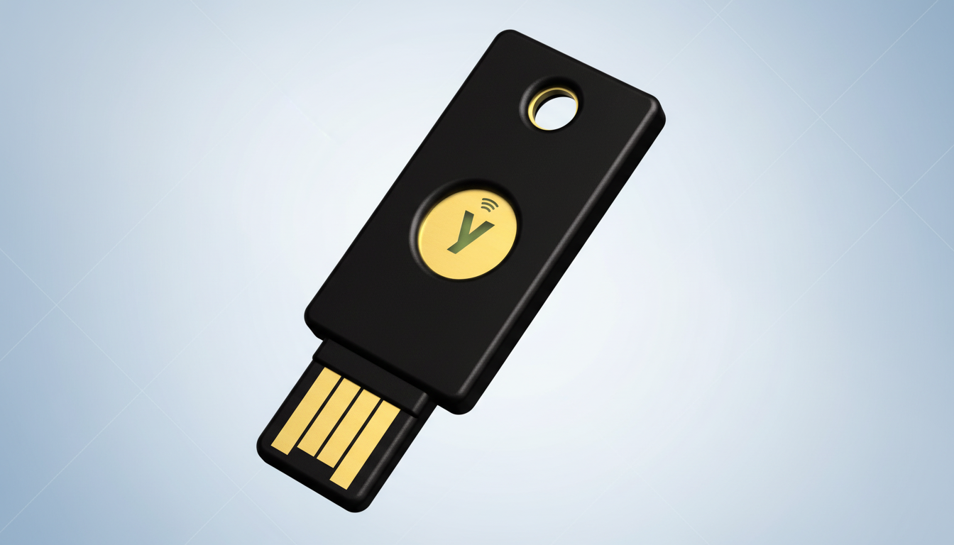 A black YubiKey security key with a gold Y logo and a USB-A connector, presented on a professional light blue gradient background.