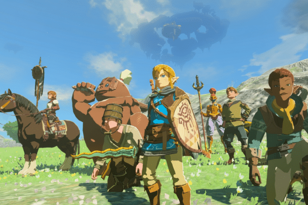 Link and other characters from The Legend of Zelda: Tears of the Kingdom standing in a grassy field with a floating structure in the sky.