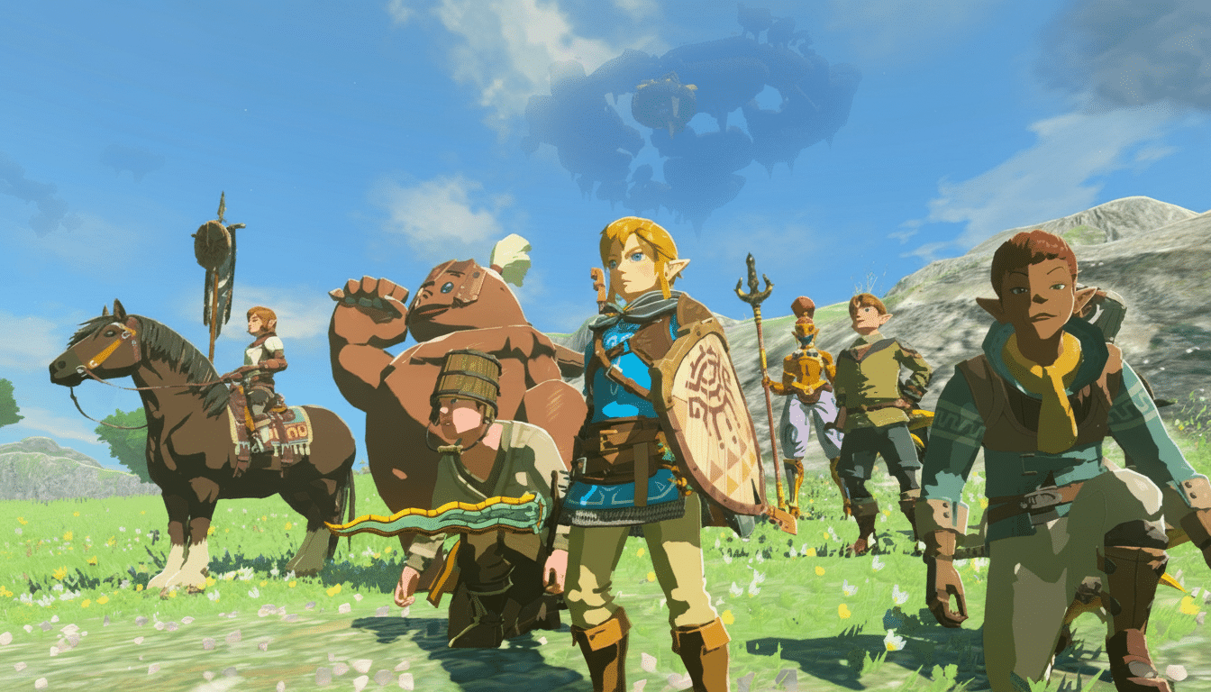 Link and other characters from The Legend of Zelda: Tears of the Kingdom standing in a grassy field with a floating structure in the sky.