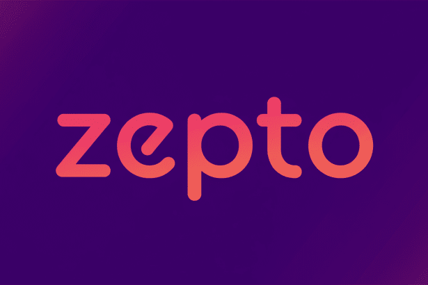 The Zepto logo in a 16 :9 aspect ratio , featuring the word zepto in a gradient of coral to orange, set against a dark purple background with a subtle radial gradient. Filename : zepto logo16 9.png