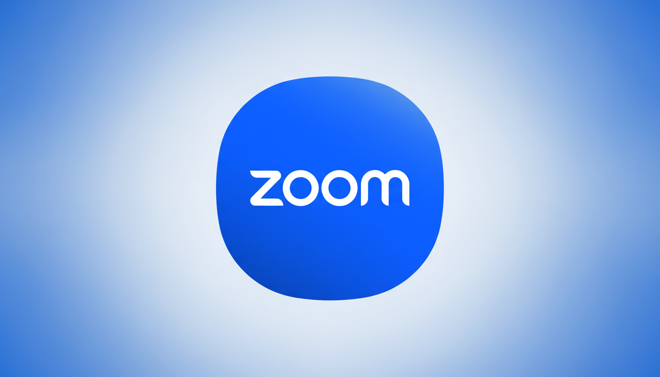 The Zoom logo, a white zoom wordmark on a blue circle, centered on a professional 16:9 background with a soft blue gradient.