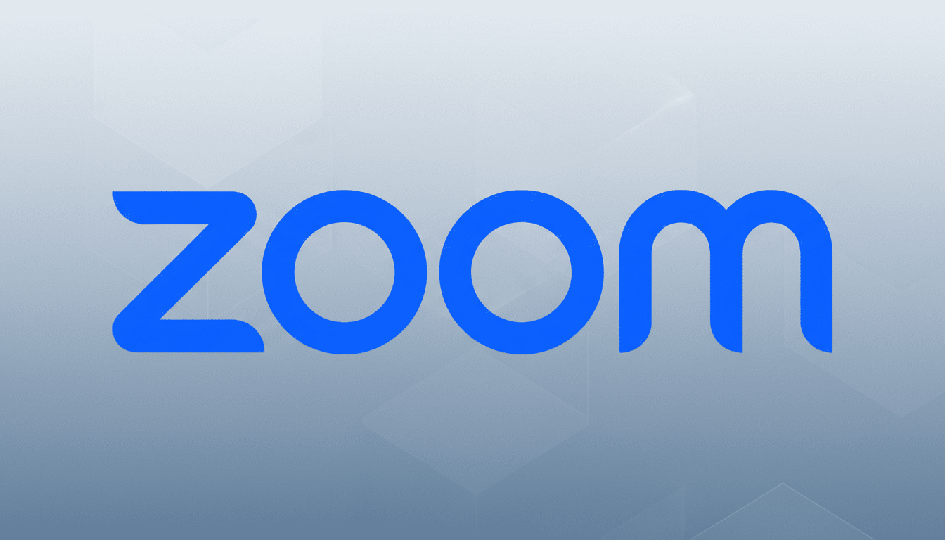 The Zoom logo, featuring the word zoom in a distinctive blue lowercase font, centered on a professional light grey background with subtle geometric pa