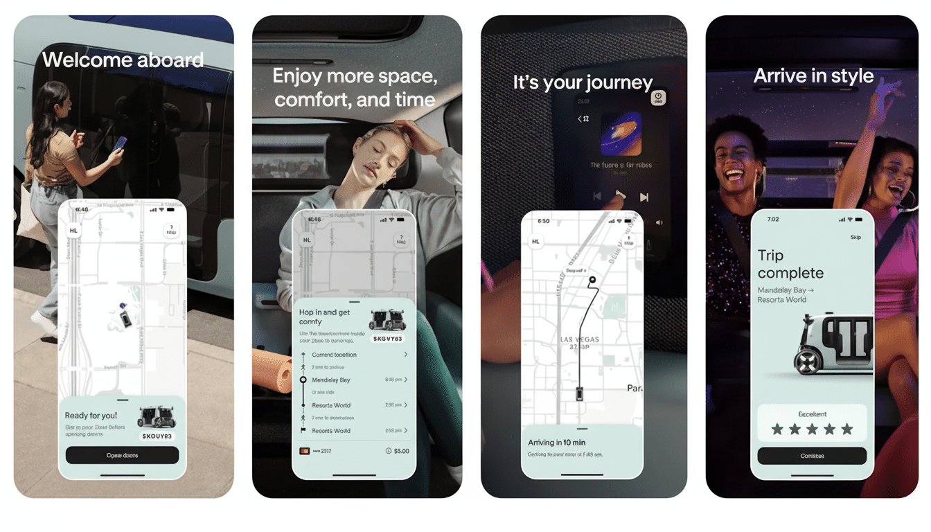 Four smartphone screens showcasing a ride- sharing app s journey: Welcome aboard with a user opening the door, Enjoy more space, comfort, and time wit