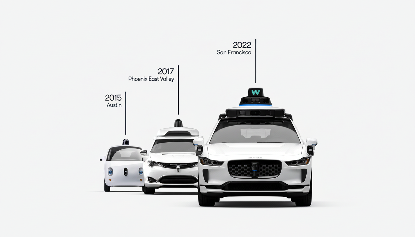 Three generations of Waymo self-driving cars, from 2015 to 2022, are shown in a timeline on a white background.