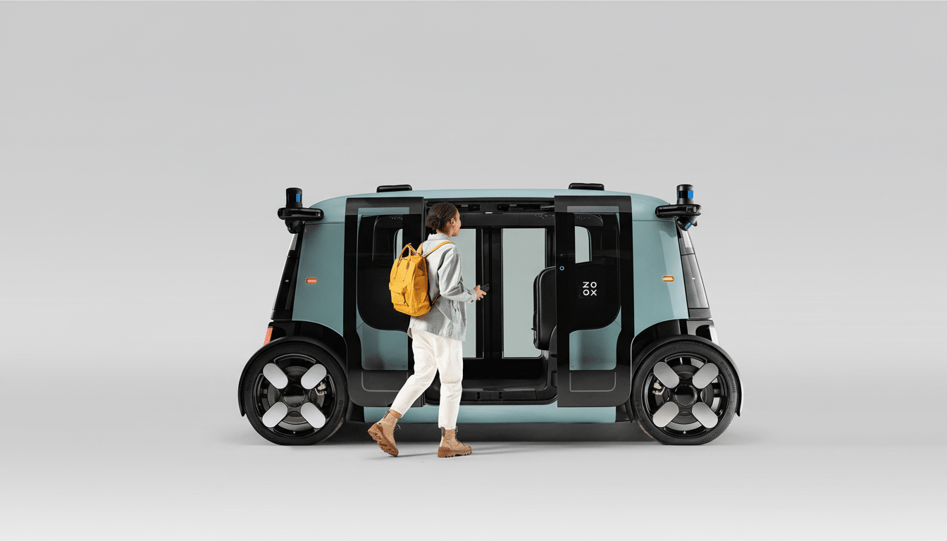 A person with a yellow backpack walking towards the open door of a light blue autonomous Zoox vehicle.