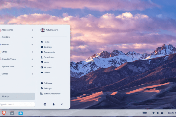 A desktop screenshot of the Z orin OS user interface with a clear , organized start menu overlay ing a mountain landscape background.