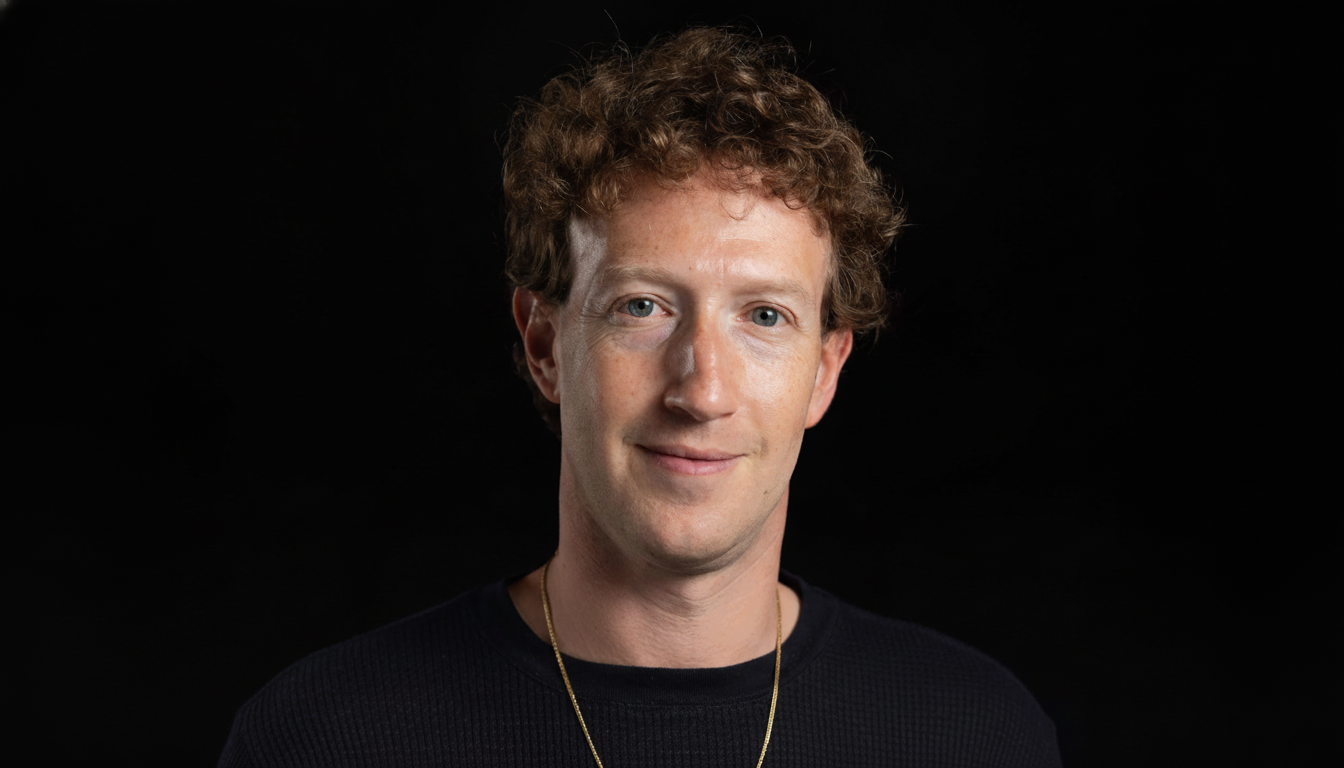 A professional portrait of Mark Zuckerberg against a plain black background , resized to a 16: 9 aspect ratio.