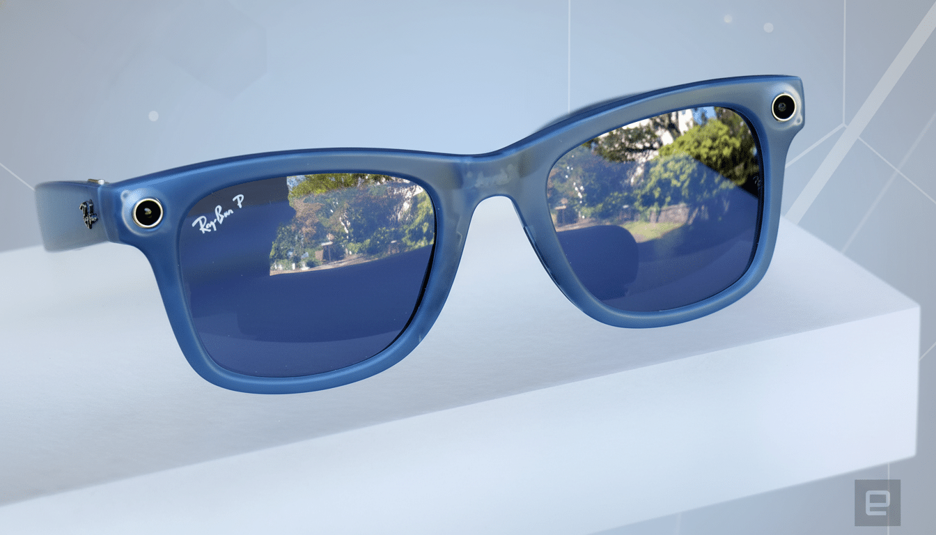 A pair of blue Ray-Ban Stories smart glasses displayed on a white surface , with a professional , soft gradient background in a 16 :9 aspect ratio . The reflections in the lenses show an outdoor scene.