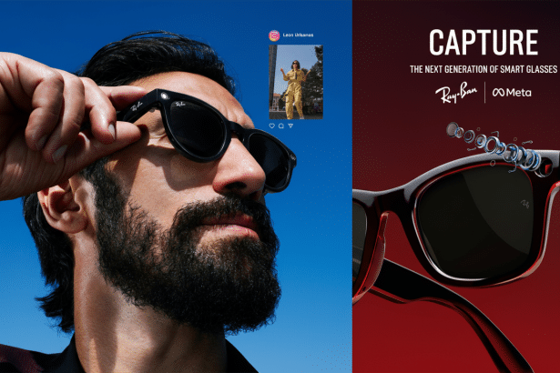 A split image showing a man wearing smart glasses and a close -up of the Ray -Ban Meta smart glasses with CAPTURE THE NEXT GENERATION OF SMART GLASSES text and logos .