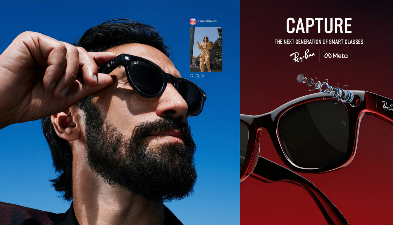 A split image showing a man wearing smart glasses and a close -up of the Ray -Ban Meta smart glasses with CAPTURE THE NEXT GENERATION OF SMART GLASSES text and logos .