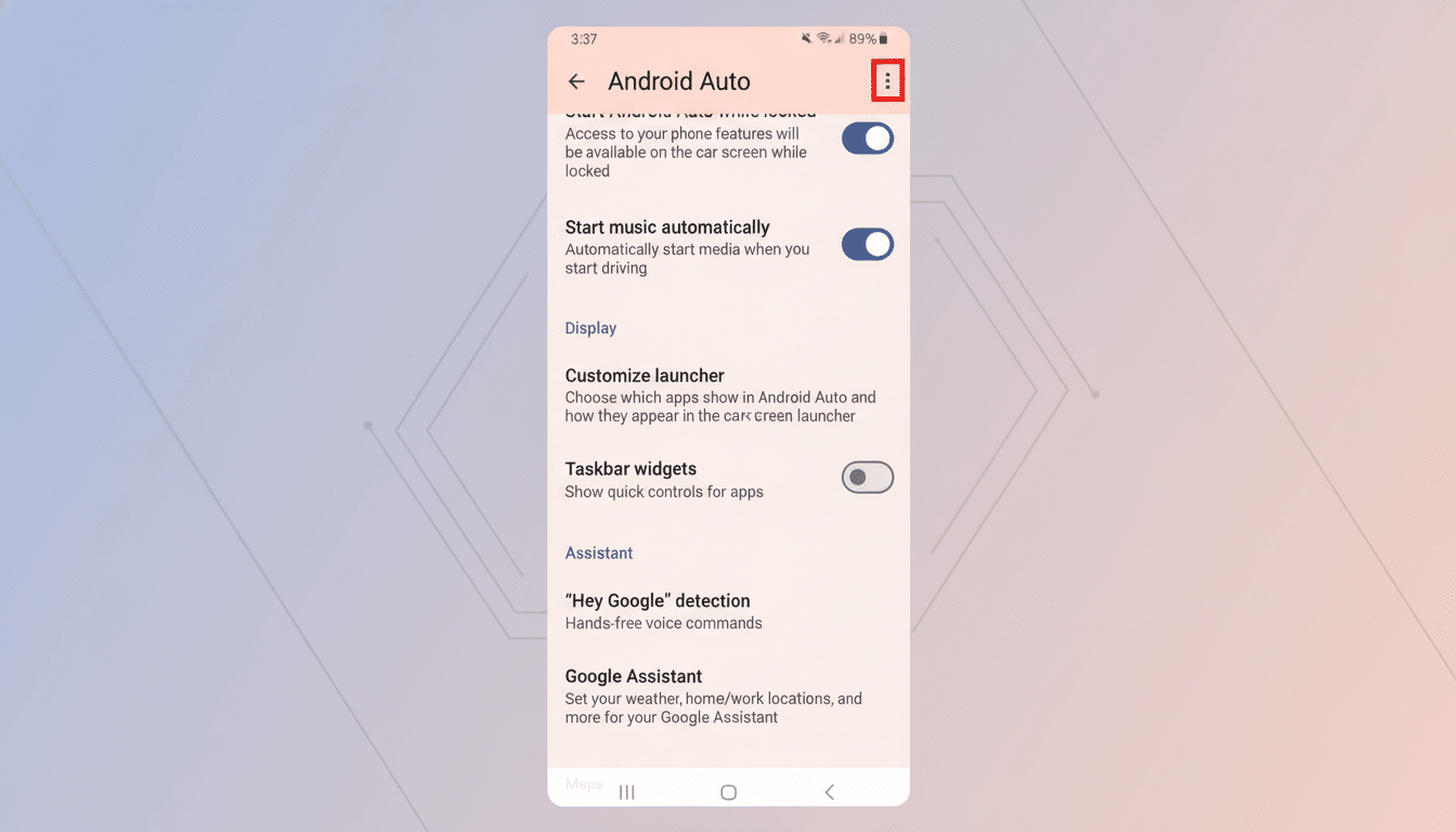 A screenshot of the Android Auto settings menu, resized to a 16:9 aspect ratio with a professional flat design background featuring soft patterns and gradients. The original content of the phone screen remains unchanged.