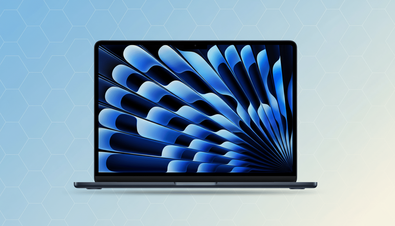 A dark blue laptop with a screen displaying a blue abstract pattern, set against a professional flat design background with soft hexagonal patterns and a gradient from light blue to light yellow.