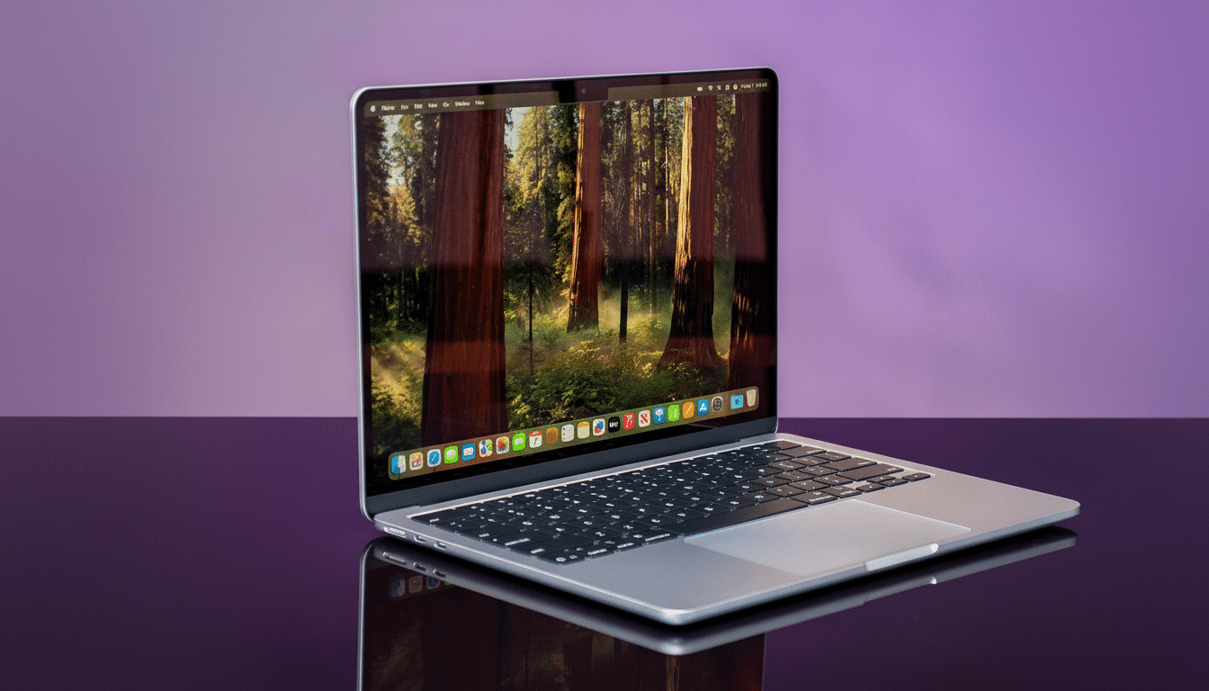 A silver MacBook laptop with a forest wallpaper displayed on its screen, set against a purple background.