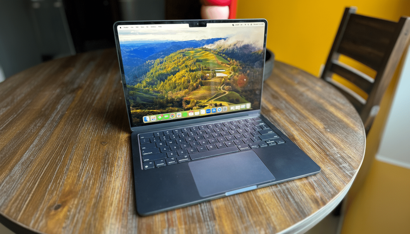 A MacBook Air on a wooden table, displaying a scenic landscape on its screen.
