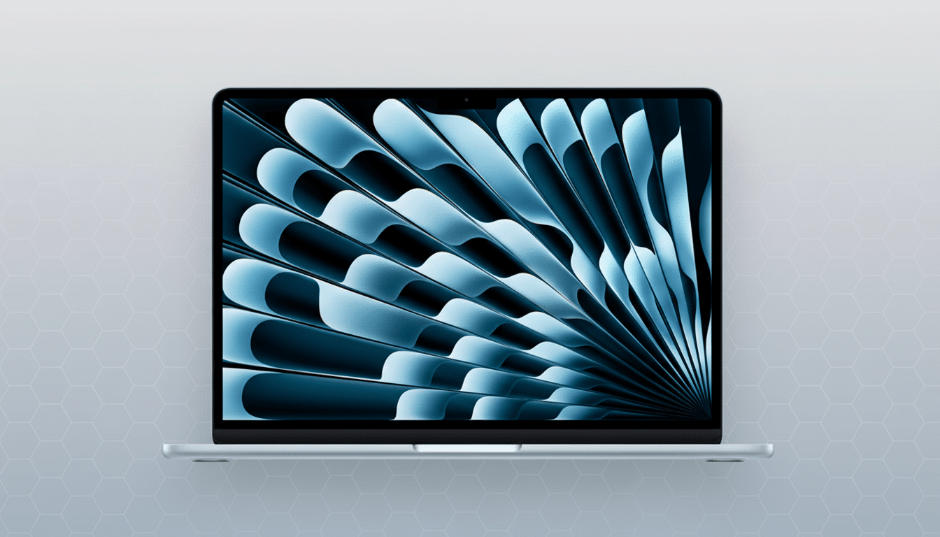 A silver laptop with a screen displaying a blue and black abstract design, set against a light gray background with a subtle hexagonal pattern.