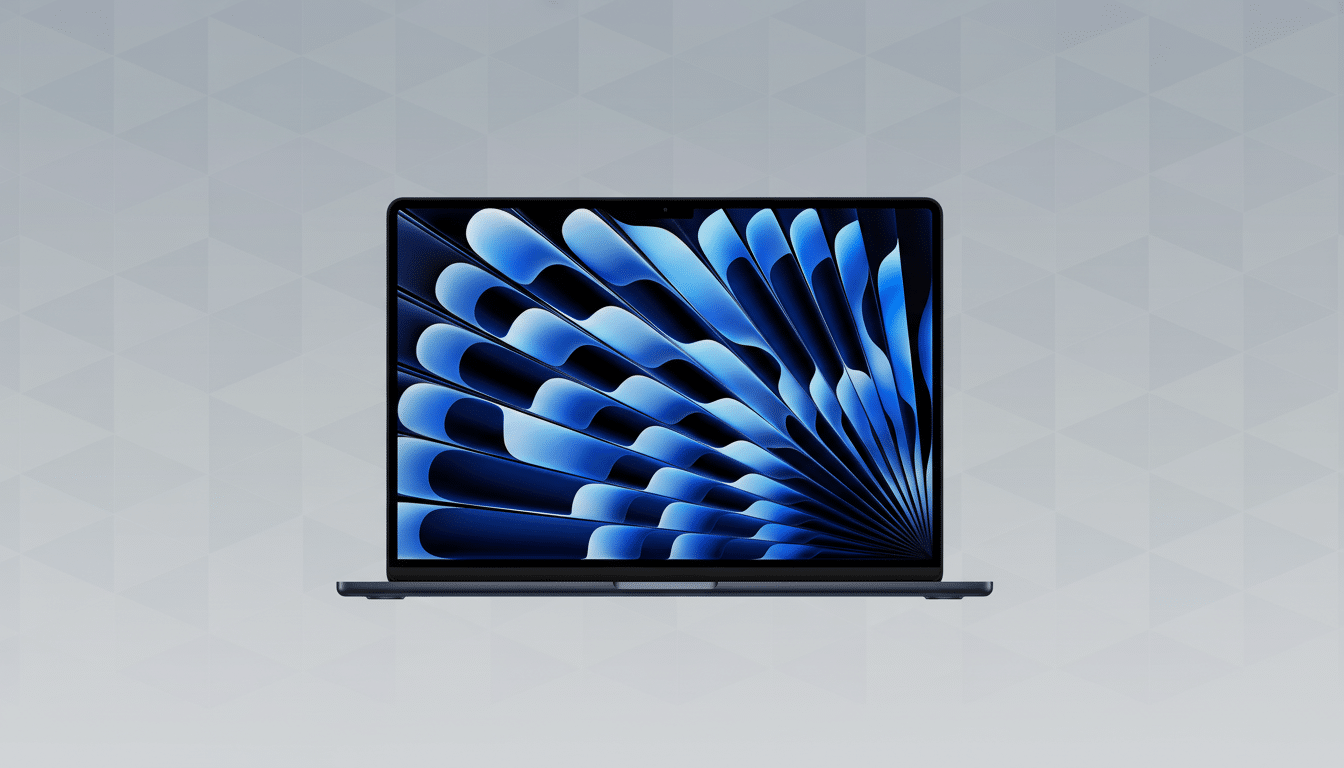 A dark blue laptop with a screen displaying a blue abstract pattern, set against a light gray background with a subtle geometric pattern.