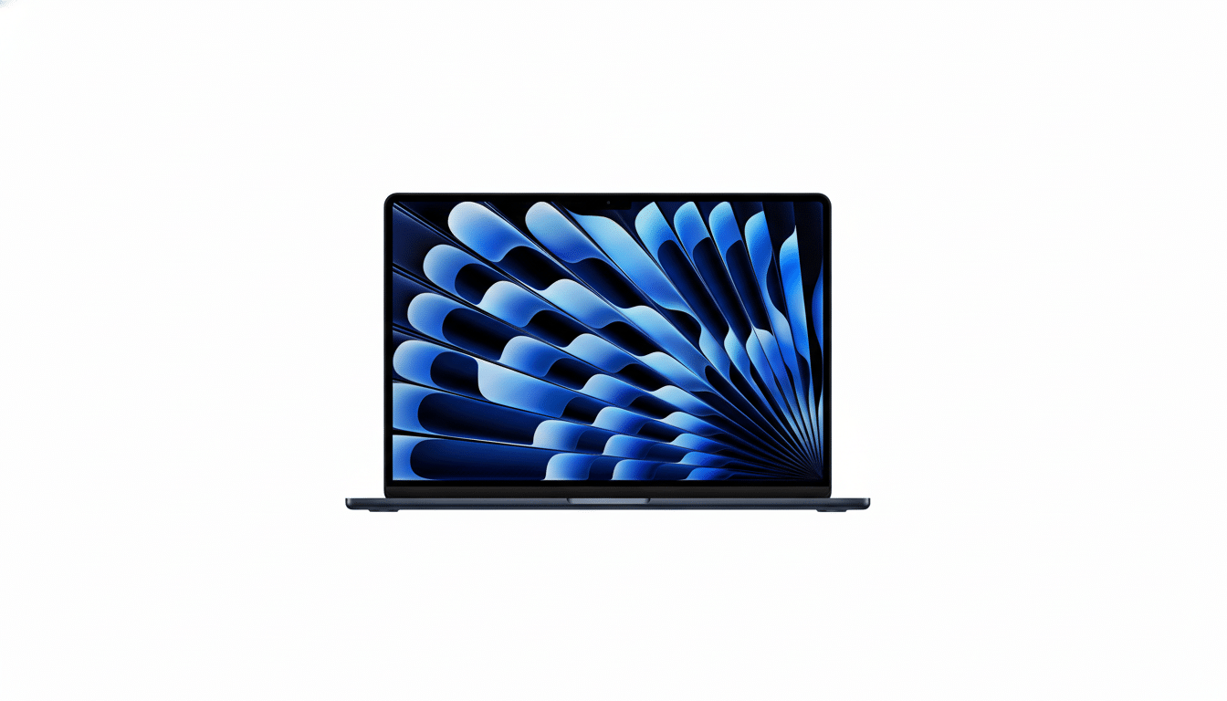 A dark blue laptop with a screen displaying a blue abstract pattern, set against a white background.