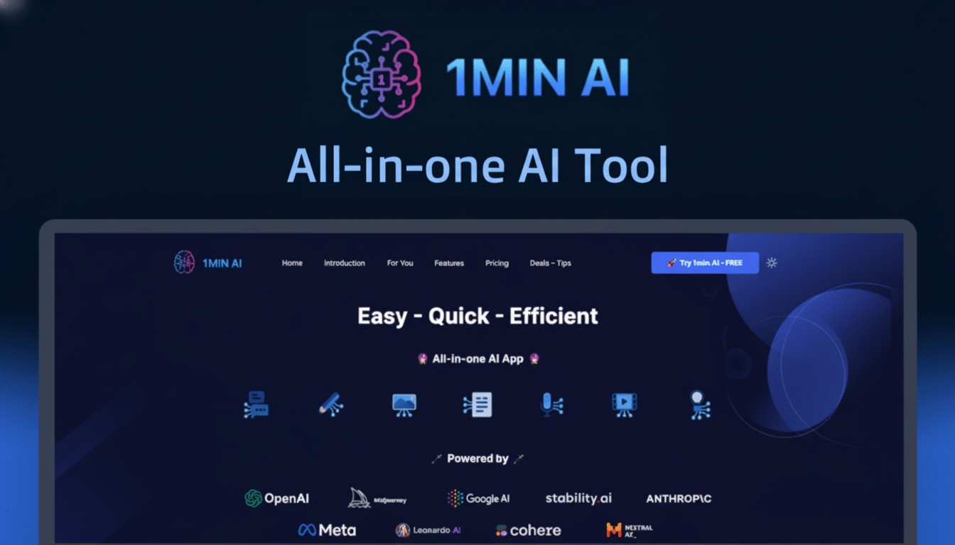 A professional presentation of the 1MIN AI All-in-one AI Tool interface, resized to a 16:9 aspect ratio. The image features the brand logo and tagline at the top, with a dark blue background. Below, a laptop screen displays the 1MIN AI application with navigation, features, and a list of AI models it integrates, such as OpenAI, Midjourney, Google AI, Stability AI, Anthropic, Meta, Leonardo AI, Cohere, and Mistral AI.