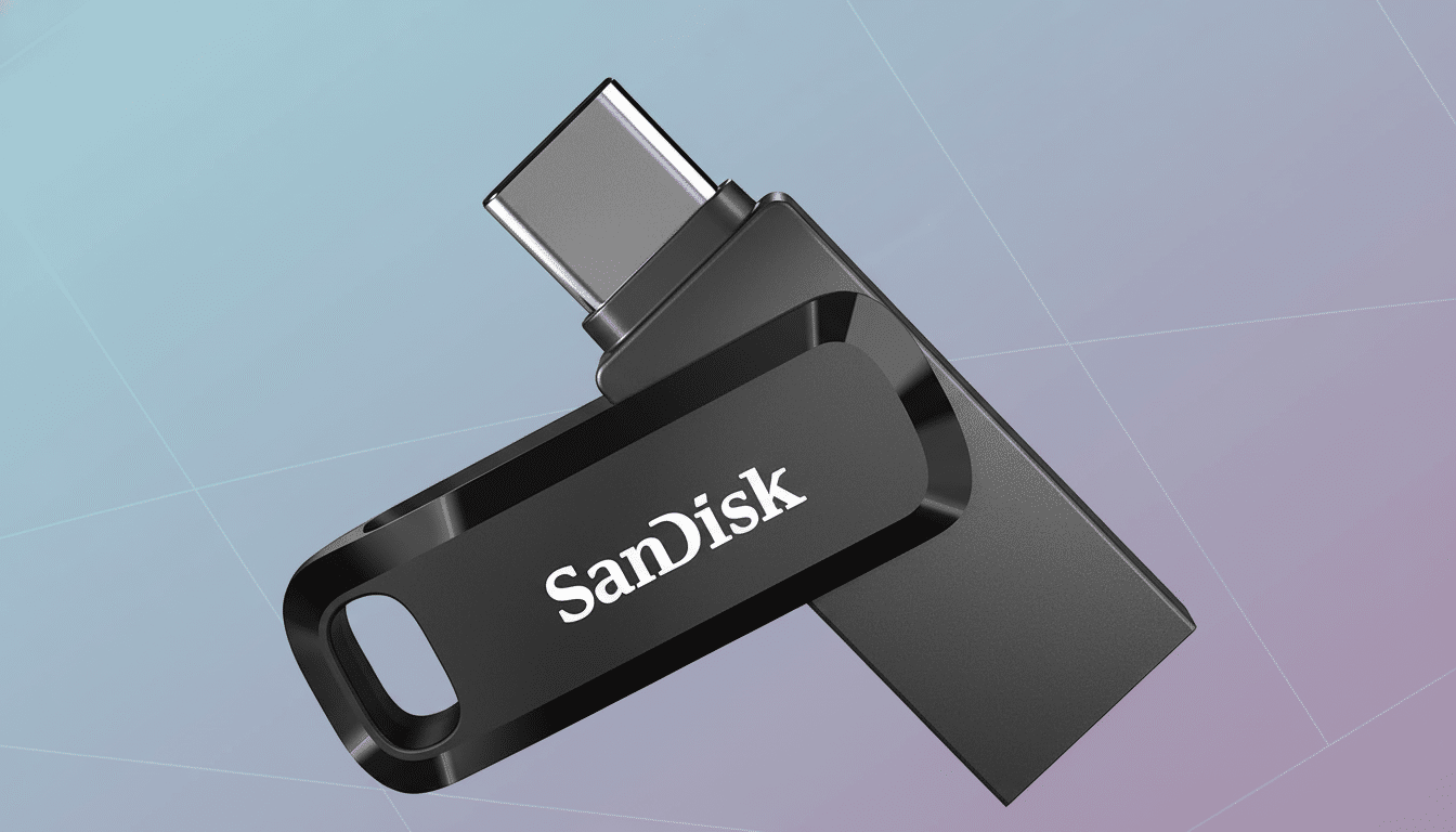 A black SanDisk USB-C flash drive with a swivel design, presented on a professional flat background with soft gradients in a 16:9 aspect ratio.