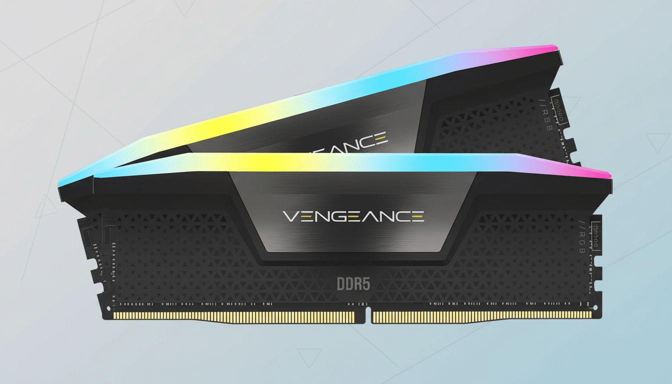 Two Corsair Vengeance DDR5 RAM sticks with RGB lighting, presented on a professional flat design background with soft patterns and gradients.