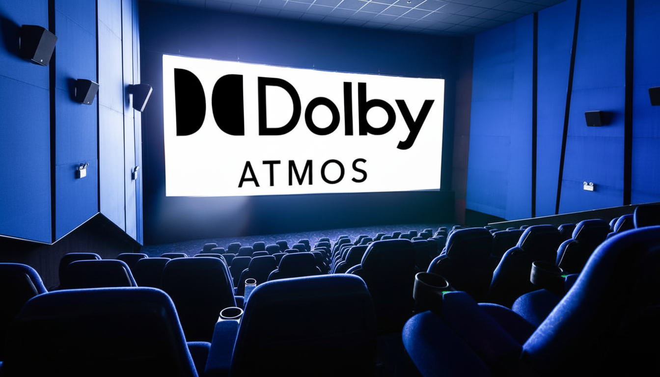 A Dolby Atmos logo displayed on a large screen in a dark, empty movie theater with rows of blue seats.