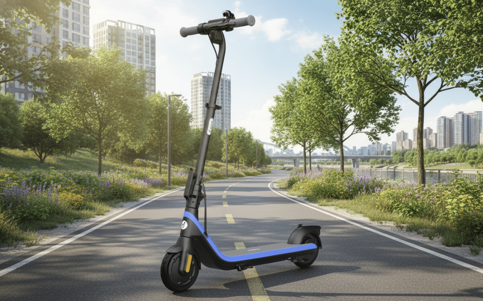 A black and blue electric scooter is parked on an asphalt path in a sunny park. In the background, there are trees, flowers, and modern city buildings.