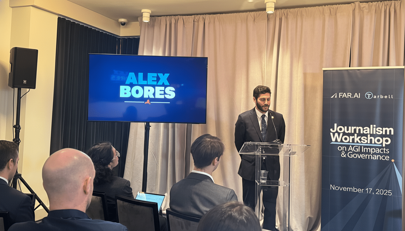 A man in a suit speaking at a podium in front of a screen displaying ALEX BORES and a banner for a Journalism Workshop on AGI Impacts & Governance.