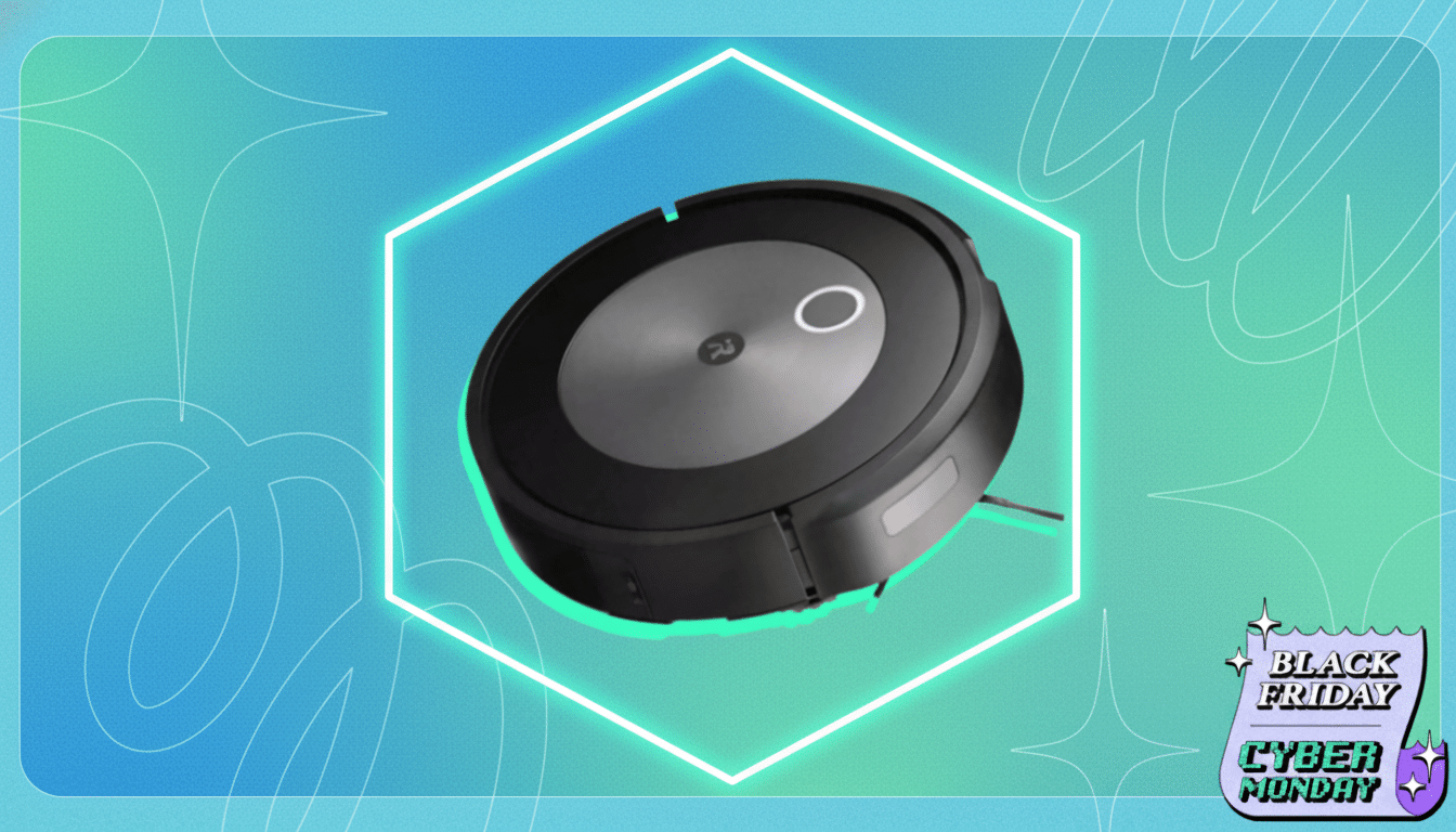 A black iRobot Roomba vacuum cleaner is centered on a vibrant blue and green background with abstract shapes and a Black Friday Cyber Monday graphic in the bottom right corner.