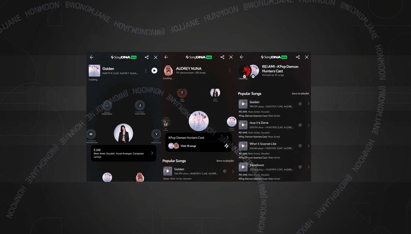 A screenshot of a music streaming app interface, featuring various artist profiles, song listings, and popular songs. The app has a dark theme with white text and some colorful album art.