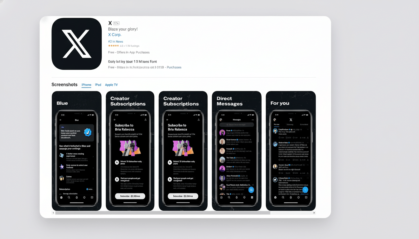 A professional, enhanced image of the X Corp. app store page, resized to a 16:9 aspect ratio. The background is a clean, professional flat design with soft gradients, while the app icon and screenshots remain unchanged and original.